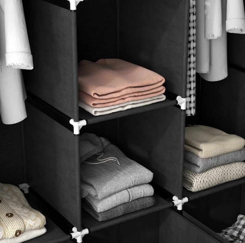 Armadio in tessuto 125x43x162.5 cm con 2 aste e 5 ripiani in acciaio nero