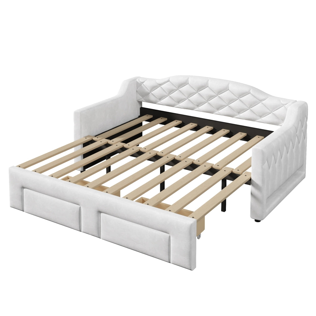 Letto estraibile 90 × 200 cm fino a 180 × 200 cm con 2 cassetti, LED regolabile, senza materasso, bianco