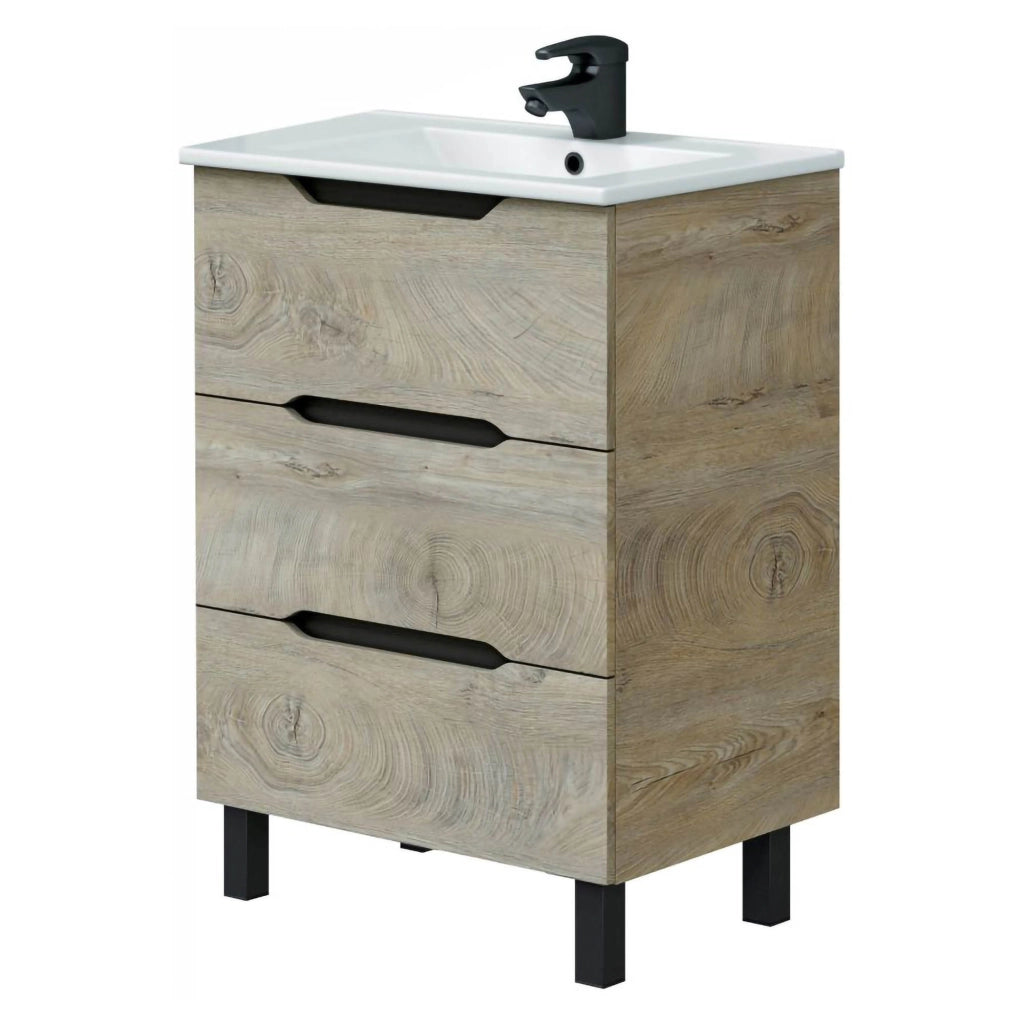 Sozop, Mobile Sottolavabo 3 Cassetti, 60x45x86h cm Marrone Rovere Grigio