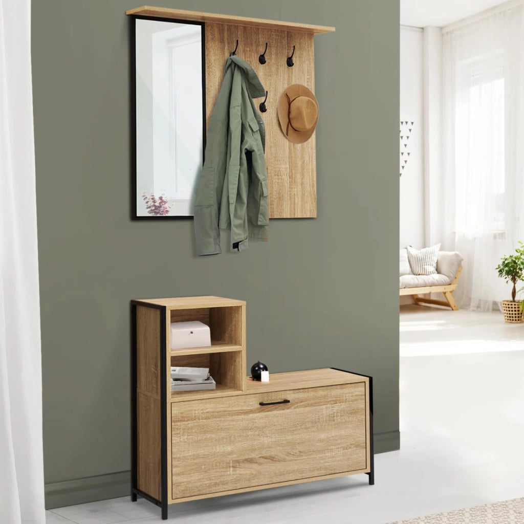 IDMarket - Guardaroba d'ingresso di DETROIT con specchio e scarpiera di design industriale