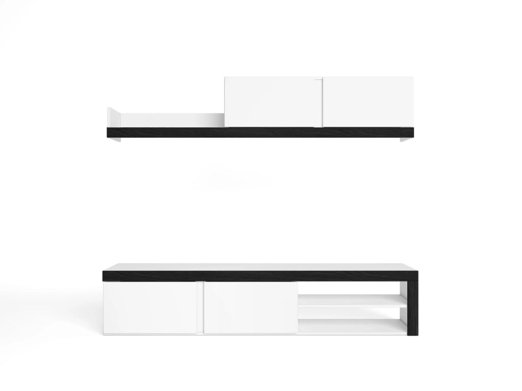 Mobile da Soggiorno IDEM - 1 Mobile TV - 1 Mensola e Armadietto  - Bianco/Nero - 200x40x180cm RF958