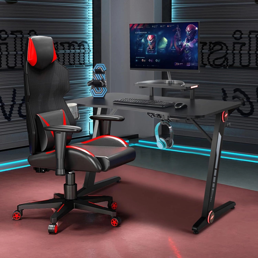 Scrivania da Gaming con Alzata e Luci RGB, Postazione da Gaming per Computer, con Porta Bicchiere e Gancio per Cuffie