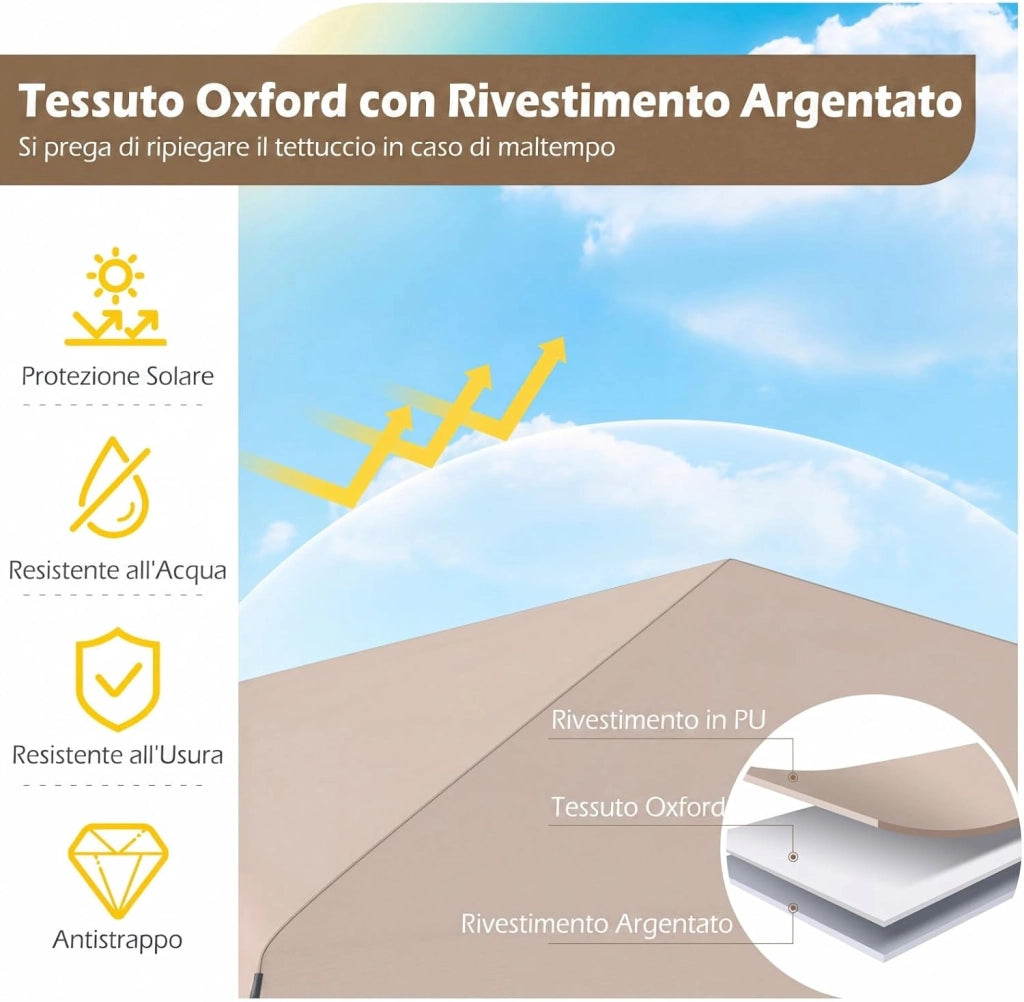 Gazebo da Giardino 3 x 3 M, Tendone Parasole con Telo Impermeabile e Resistente, Sacchi di Sabbia, Pieghevole, Portatile e Altezza Regolabile, per Esterno, Mercati, Fiere e Campeggio (Beige)