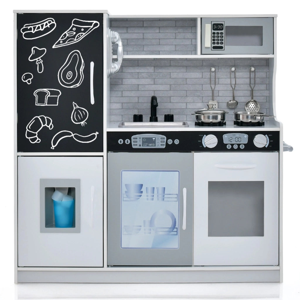 Set cucina per bambini con lavagna telefono microonde fabbricatore di ghiaccio, Cucina gioco finta in legno Bianco-Cucine giocattoli