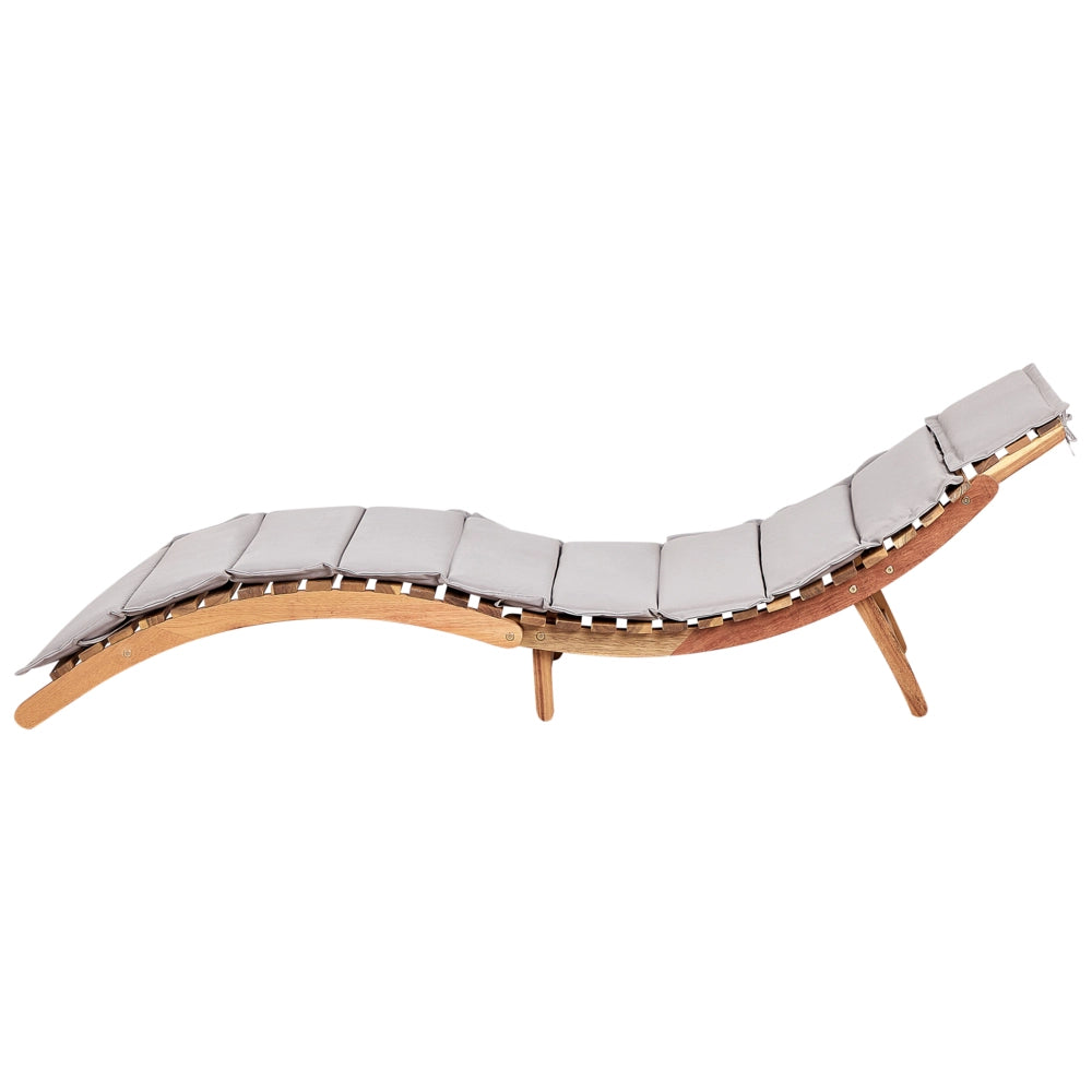 Lettino da sole in legno di acacia chiaro Cuscino Grigio Design a doghe Pieghevole Caratteristica Forma curva Giardino Patio Balcone