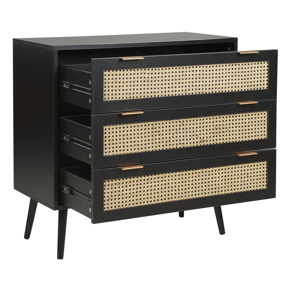Cassettiera in rattan a 3 cassetti in legno di manifattura nero con cassetti frontali in rattan Credenza frontale in legno di gomma nero Gambe in stile Boho Soggiorno
