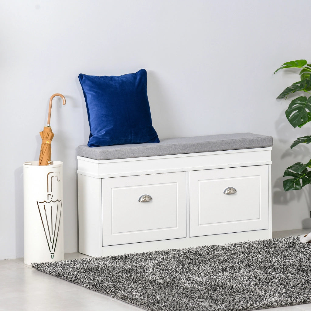 Panca Scarpiera Salvaspazio con Cuscino e 2 Cassetti ¨C Zephmum ¨C 104x24x55cm, Bianco, Legno