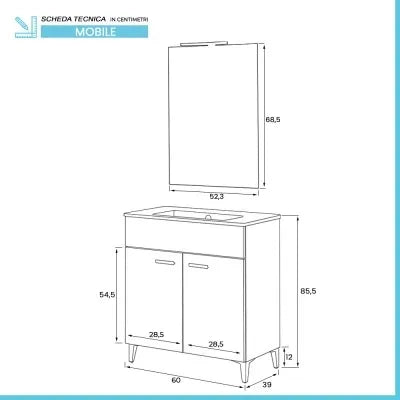 Mobile bagno a terra 60 cm bianco lucido con 2 ante lavabo e specchio  Martha