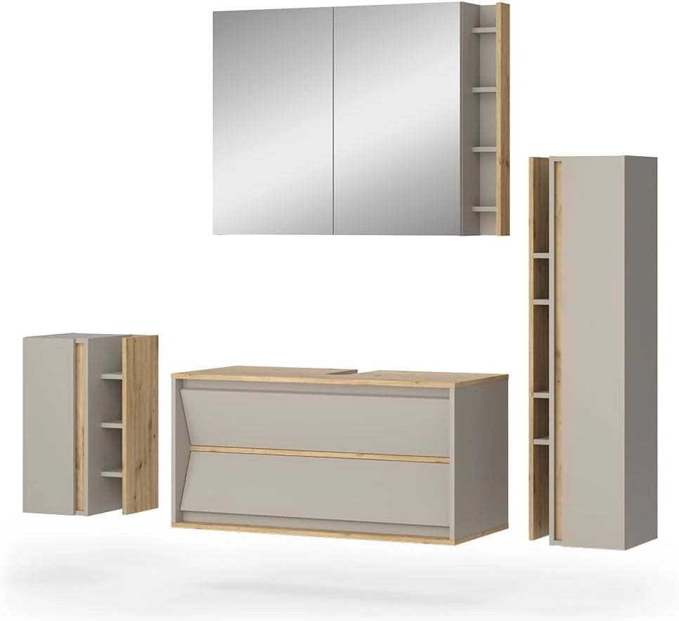Set di mobili da bagno Edelin, Cachemire, 100 cm, composto da mobile sottolavabo, specchiera, armadio medio e pensile