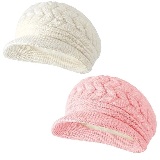 Due cappuccioli invernali per donna con rivestimento di pelliccia e bordo di piuma sintetica - cappuccioli morbidi e caldi in elastico acrilico, forma libera per lo sci e il freddo (bianco + rosa)