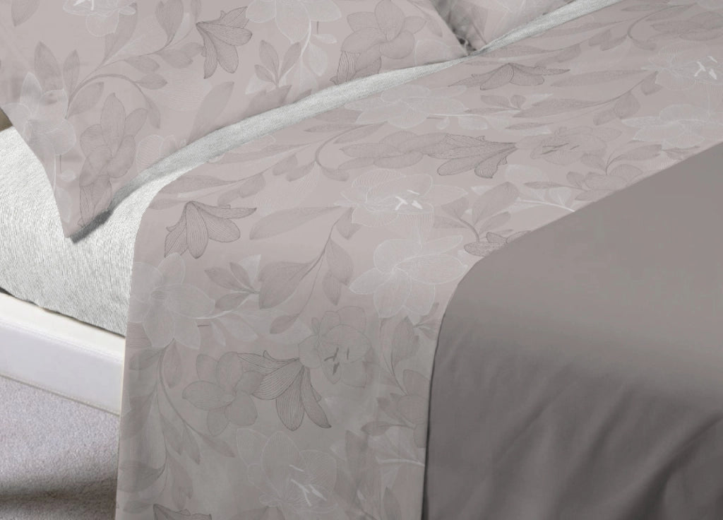 Completo Lenzuola Letto In 100% Cotone Made Italy Disegno Lily - Matrimoniale - Beige