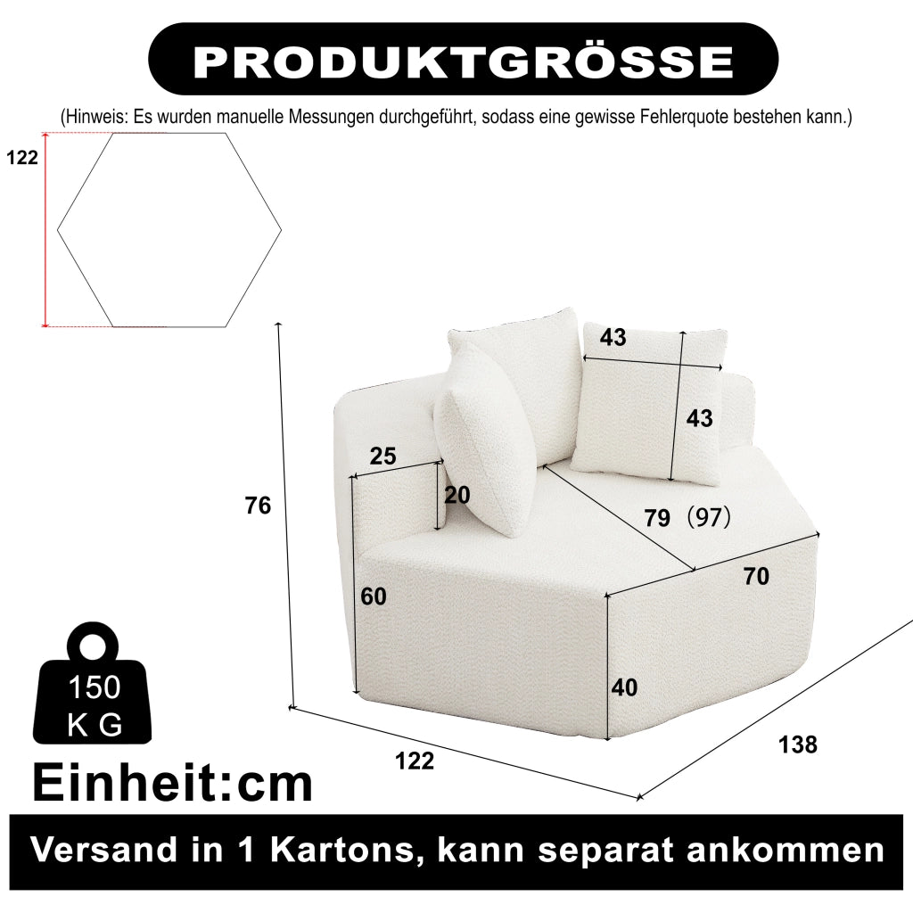 Fauteuil modulare esagonale in chenille con tre cuscini e base antiscivolo, beige per composizioni versatili