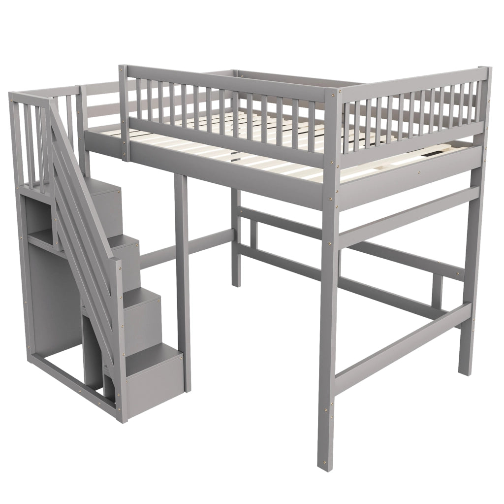 Letto singolo in legno massello 140x200 cm con scala contenitore e sponde alte; grigio