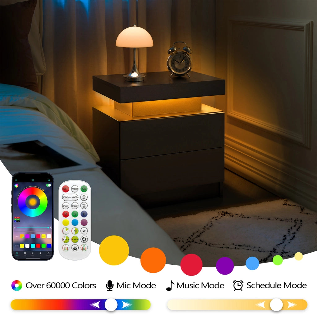 Comodino con LED multicolore, 2 cassetti e vano aperto, per camera da letto e soggiorno, nero, in legno ingegnerizzato