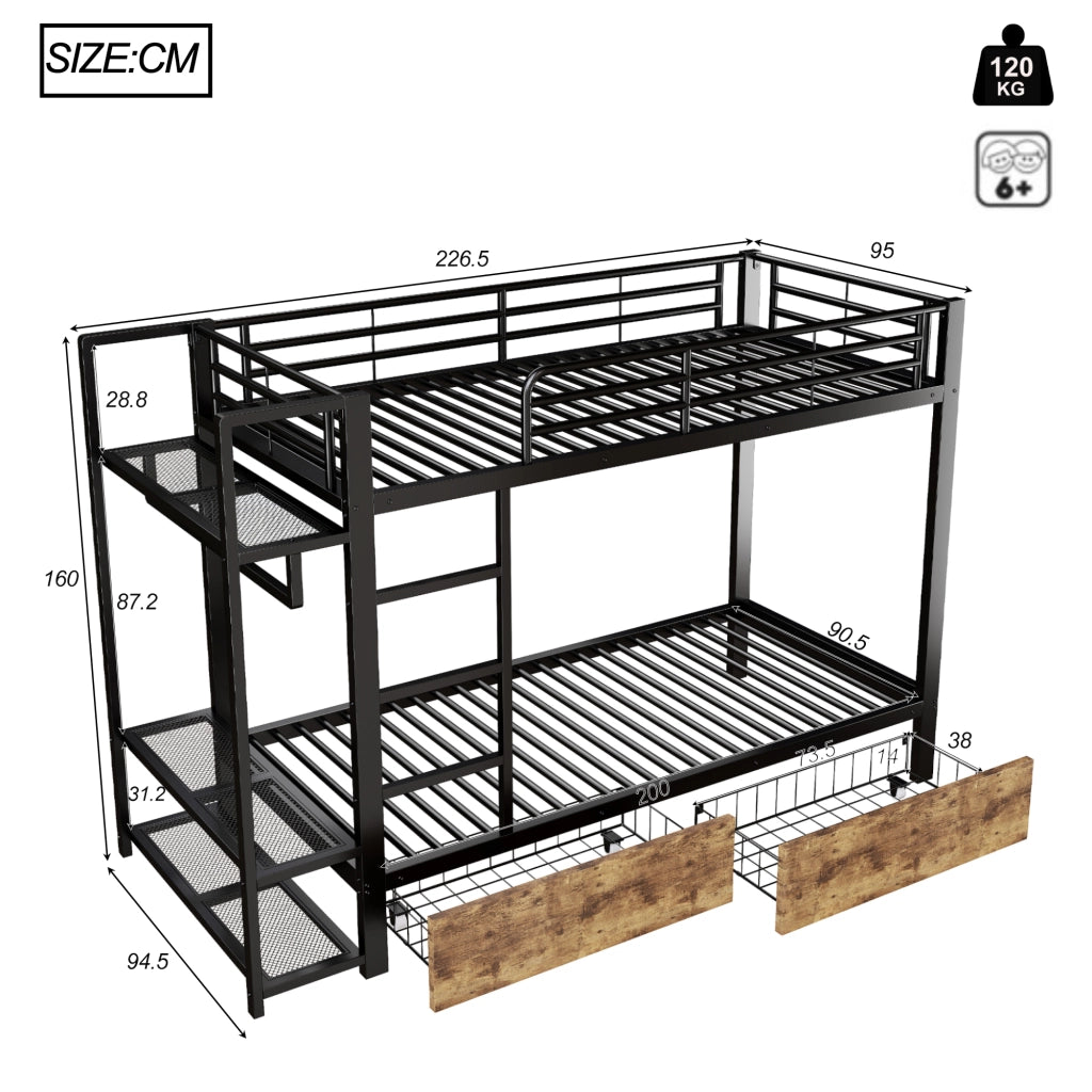 Letto castello 90x200 ferro 2 cassetti LED asta nero