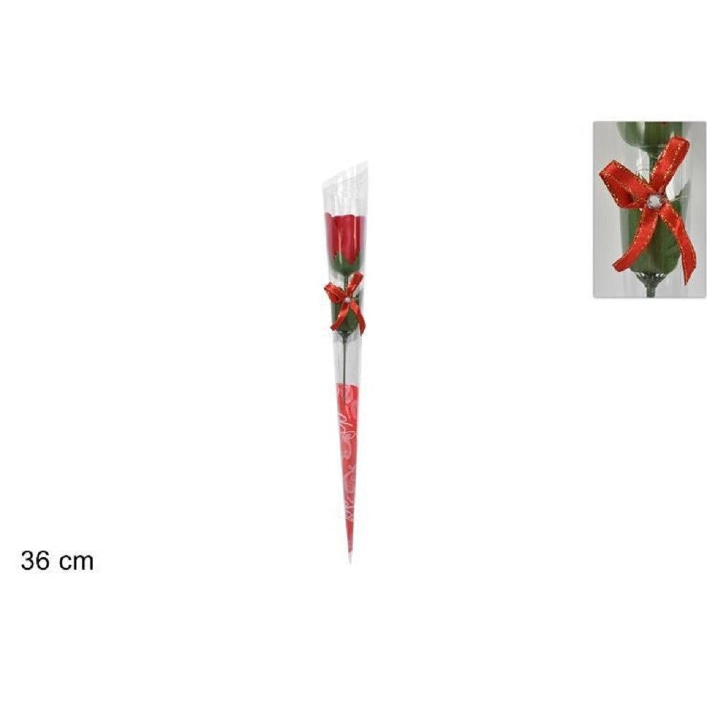 Trade Shop - Set 12 Pz Rose Rosa Rossa Fiore Con Diamantino Fiocco 36cm Regalo San Valentino -