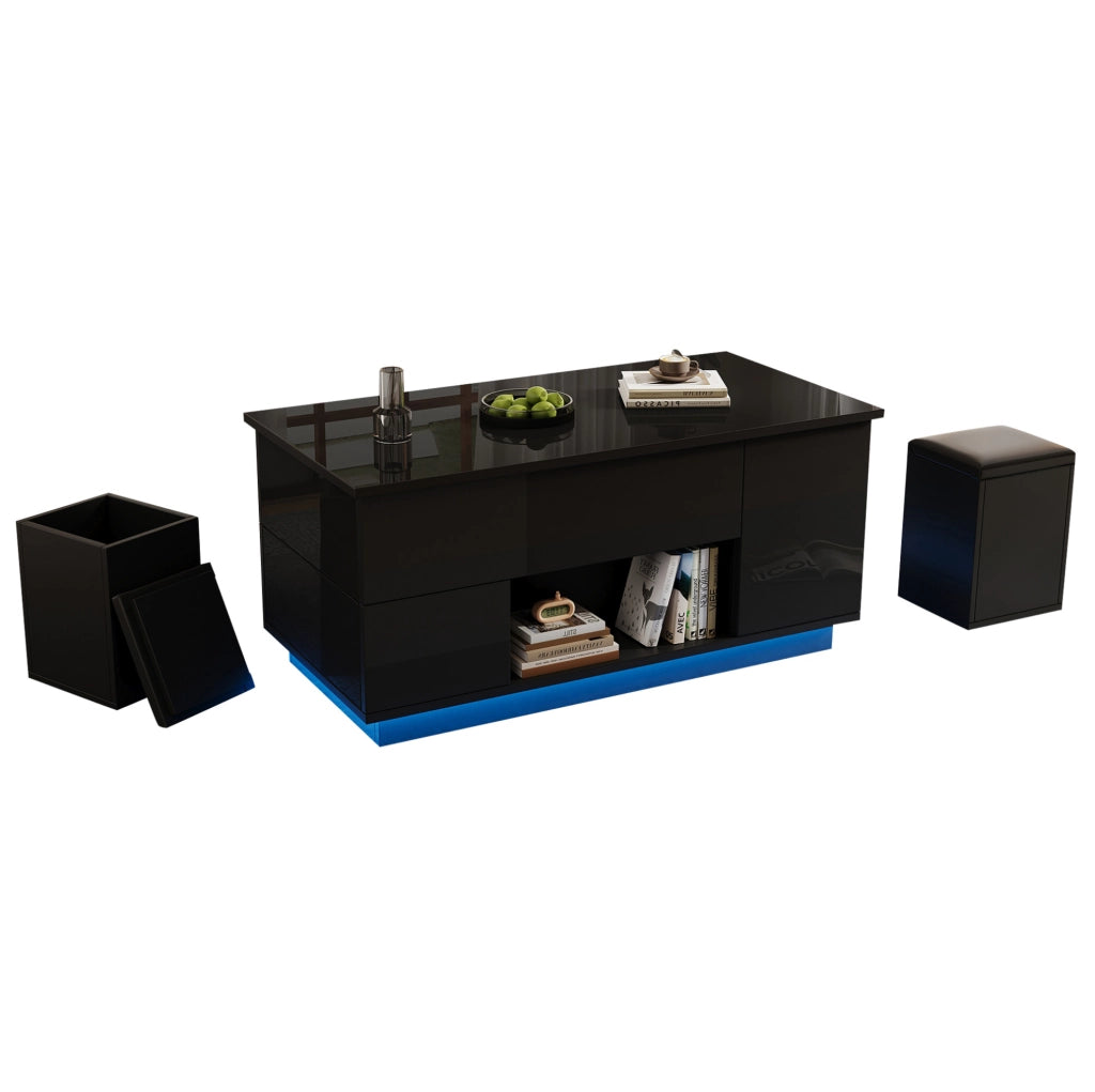 Tavolino da caffè sollevabile nero con LED, 2 cassetti e 2 sgabelli
