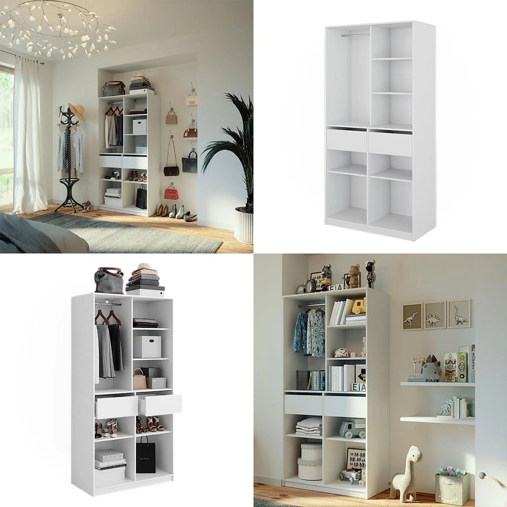 Armadio Elmo, Bianco, 100 x 200 cm con 2 cassetti, per una conservazione flessibile di diversi capi di abbigliamento