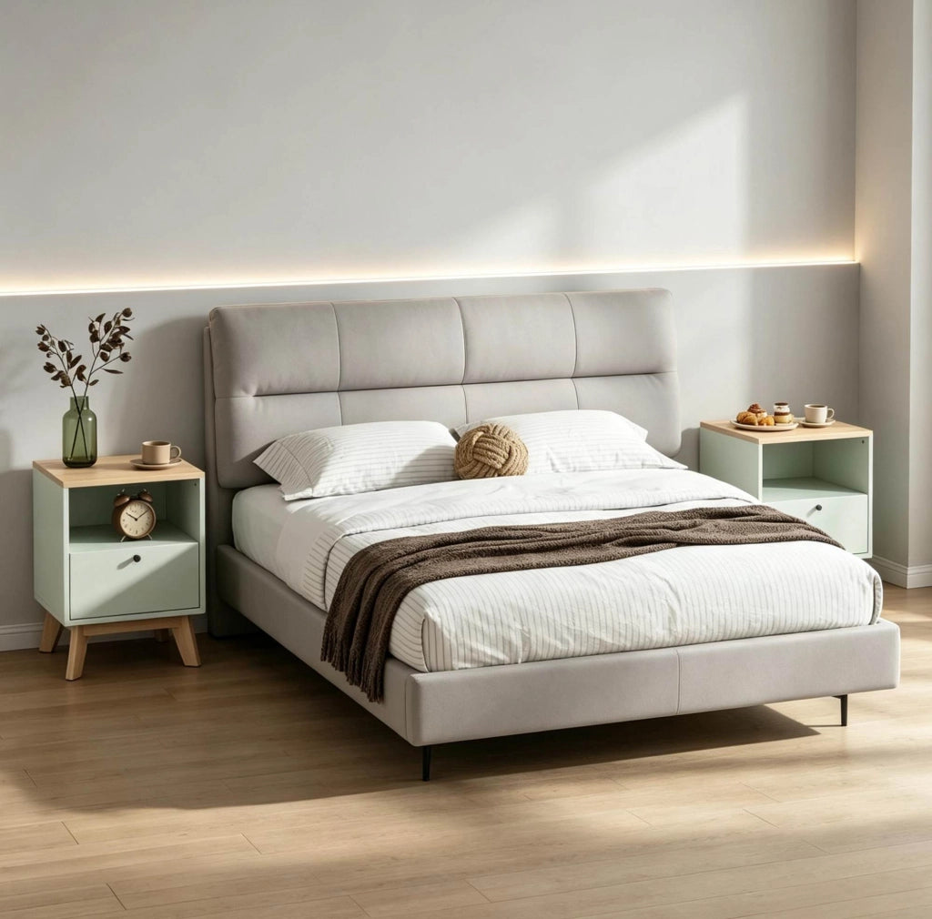 Set di 2 Comodini in MDF Verde Chiaro con Cassetto e Ripiano Aperto, 40x40x55 cm