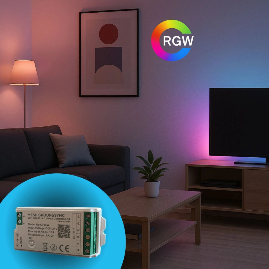 Centralina Controller Per Striscia Led RGBW WIFI 2.4G, RF 2.4G TUYA, Smart Life Max 15A Tot. (6A/CH) DC5-24V 360W 4 Canali RGBW CLC104R Bianco