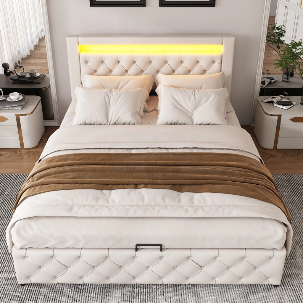 Letto imbottito 160 x 200 cm con rete a doghe, contenitore e LED, bianco, PU
