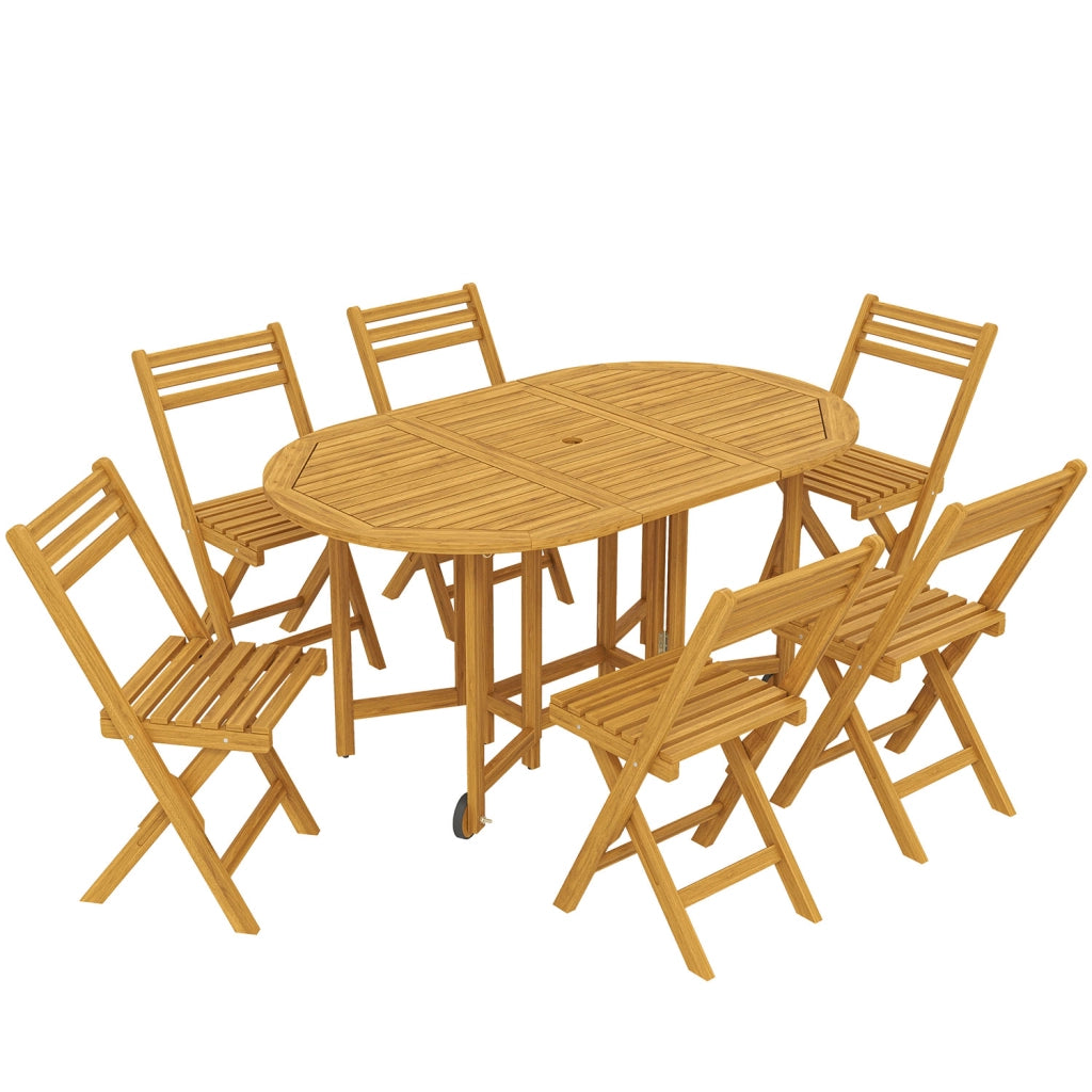 Set 7 Pezzi da Pranzo con Tavolo Estensibile a Ribalta 150x90x74 cm e 6 Sedie Pieghevoli in Legno Naturale