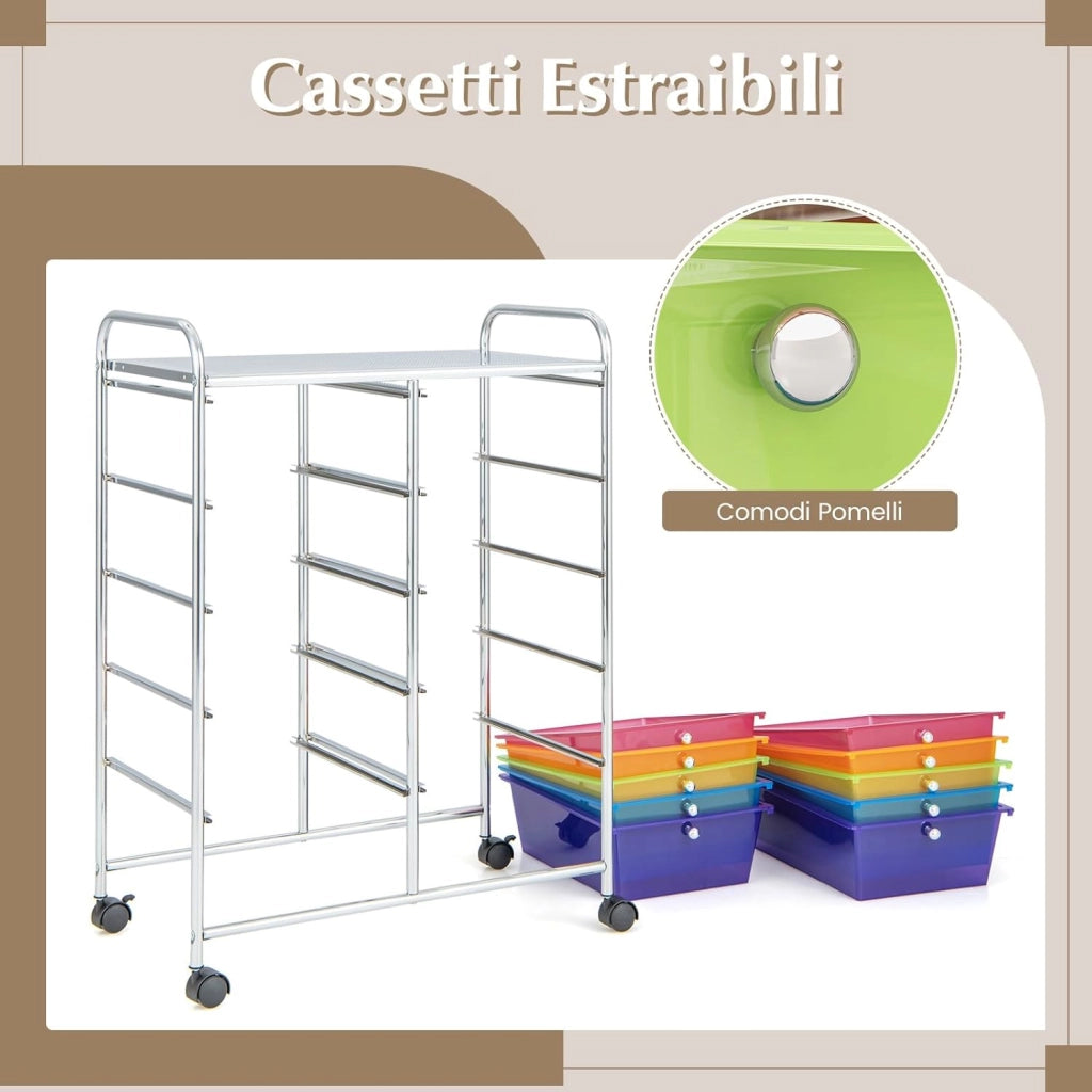 Carrello a 10 Cassetti con Ruote, di Stoccaggio con Stabilità Elevata, Multiuso per Casa Ufficio e Scuola, 65,5 x 37 x 87 cm(Arcobaleno)