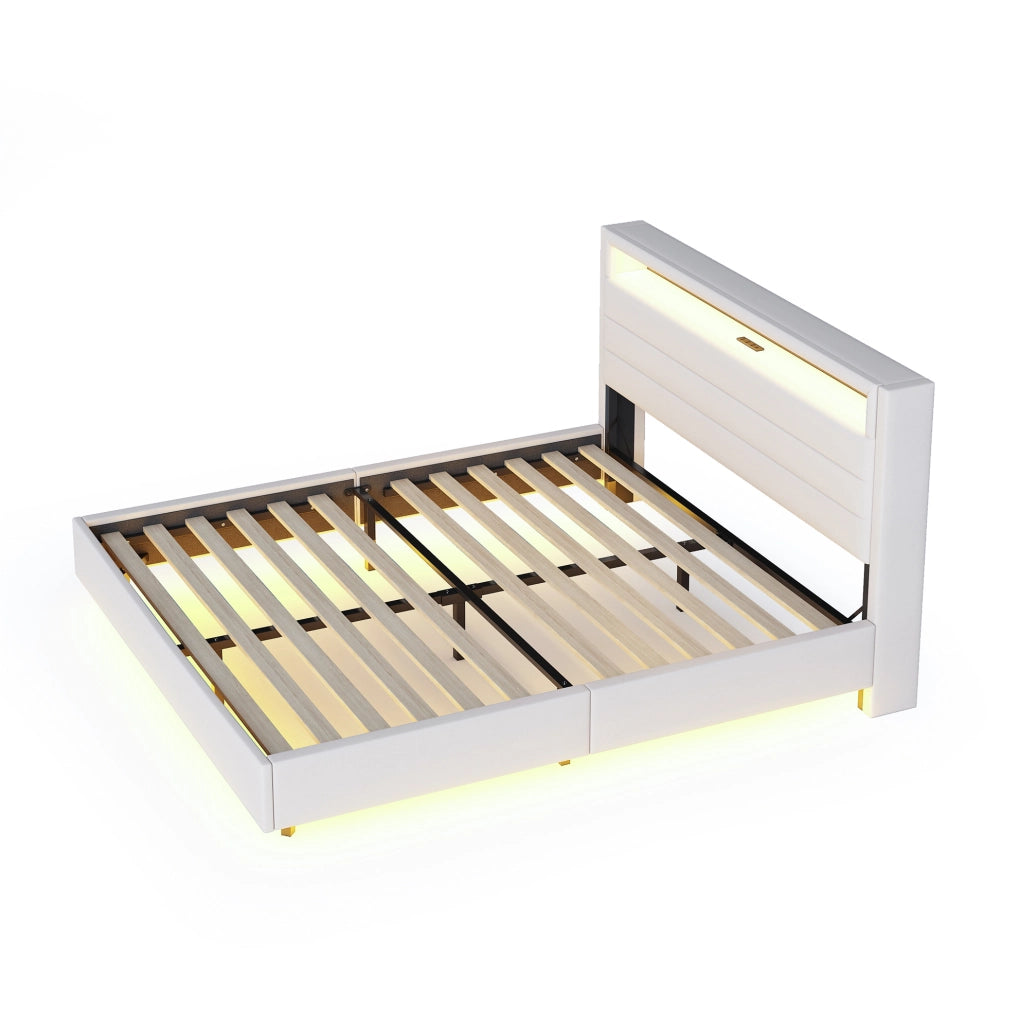 Letto imbottito 160x200 cm con LED, USB e testiera contenitore beige