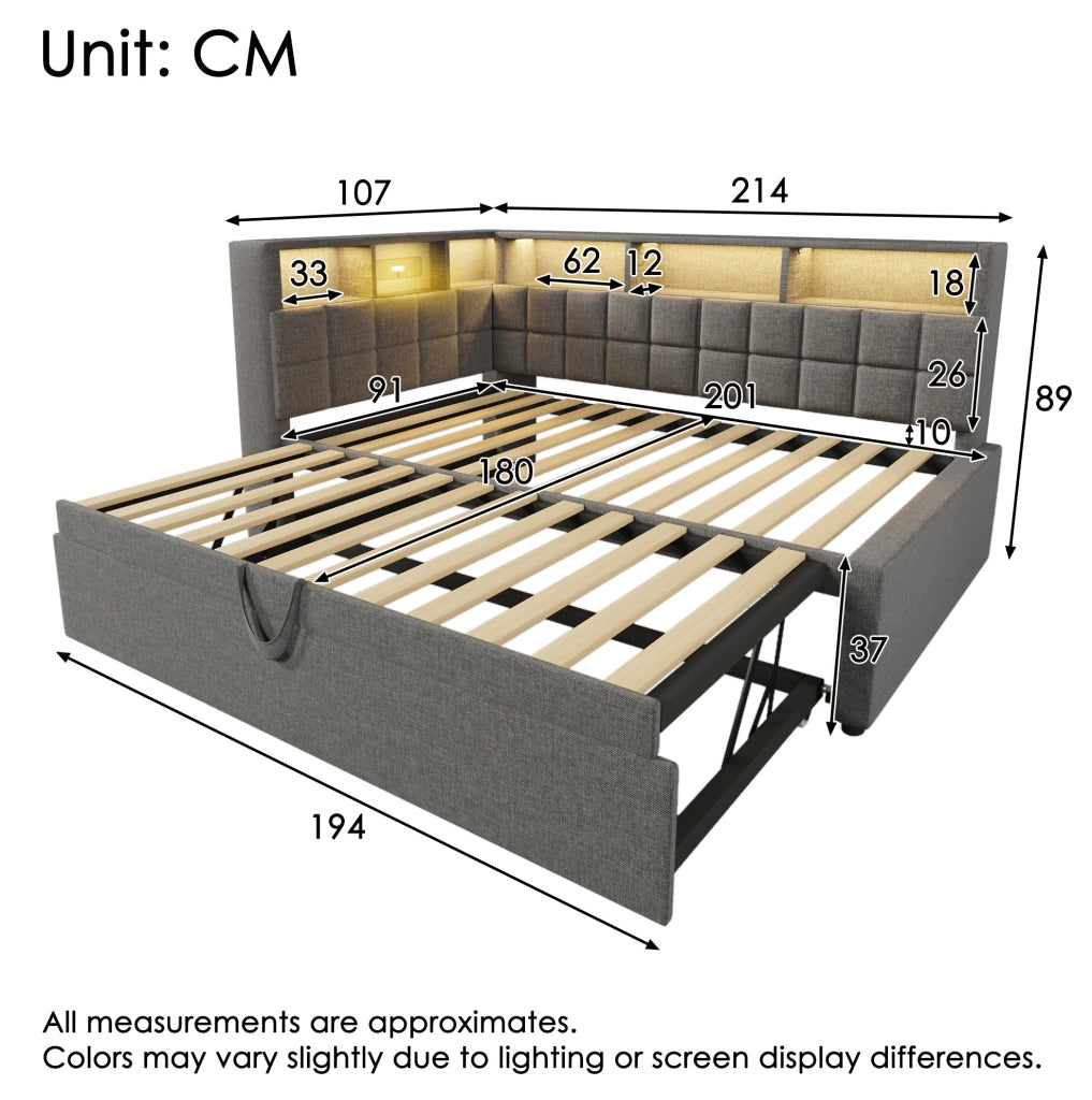 Letto singolo estraibile 90x200 con LED, USB-C e Bluetooth