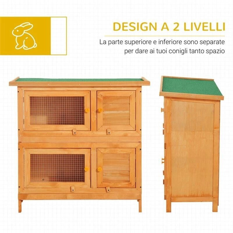 GABBIA A DUE PIANI PER CONIGLI, CONIGLIERA DA ESTERNO IN LEGNO DI ABETE, 90X45X90 CM, LEGNO E VERDE