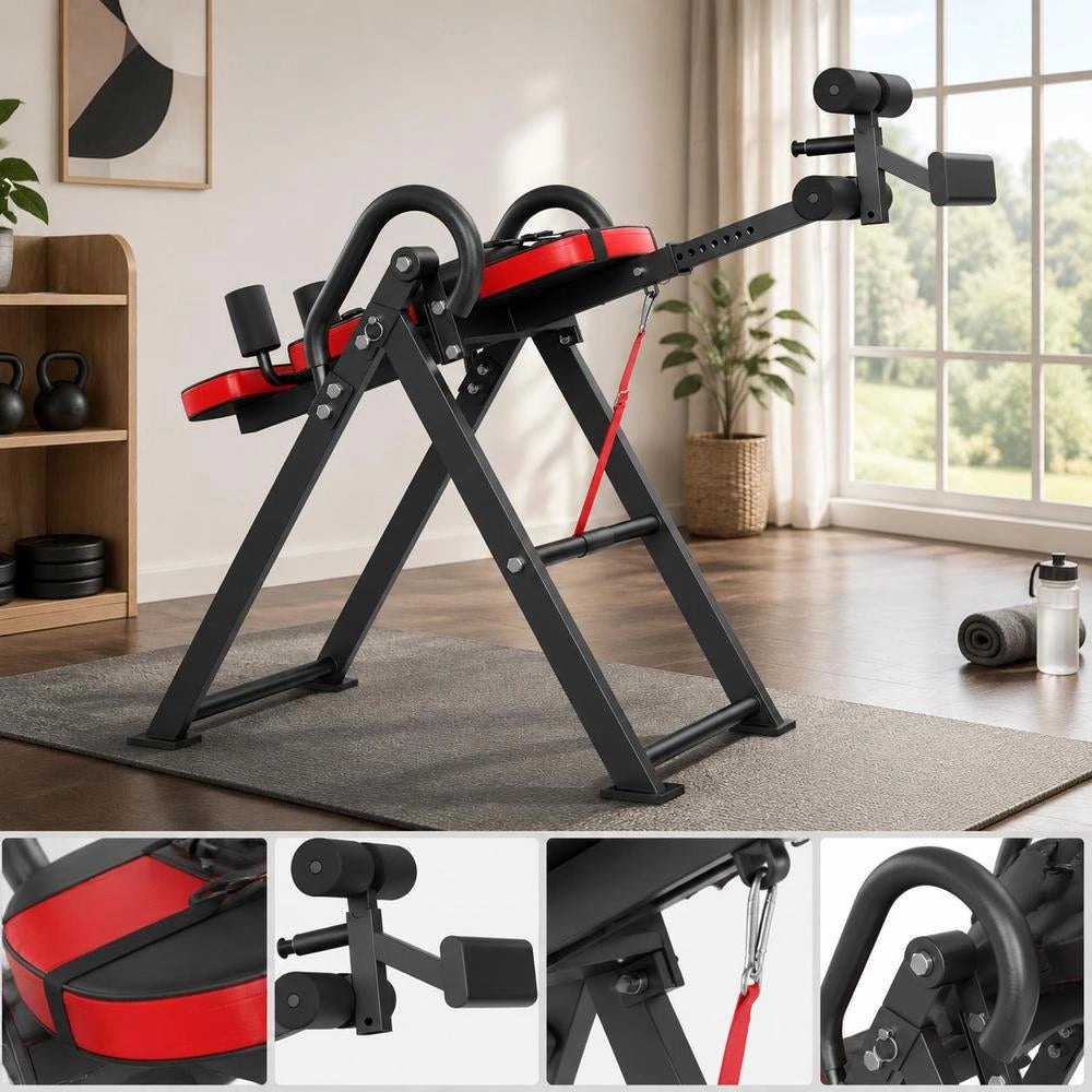 Inversion Table, Inversion Bench, 136 Kg Load Capacity, Multifunctional Back Trainer, Foldable Strength Training Device With Headrest, Ankle Lock, Adjustable Protective Belt, Red + Black