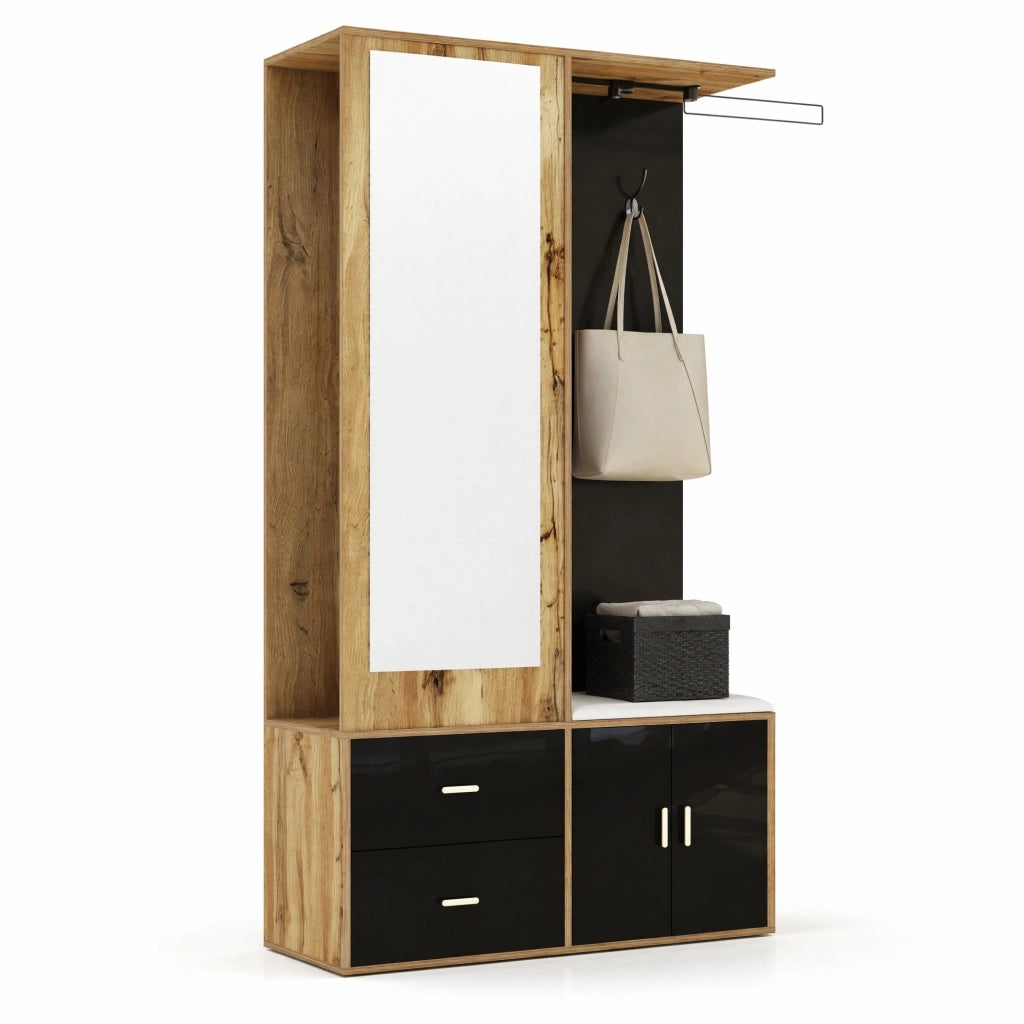 Guardaroba da ingresso nero e legno con specchio e scarpiera