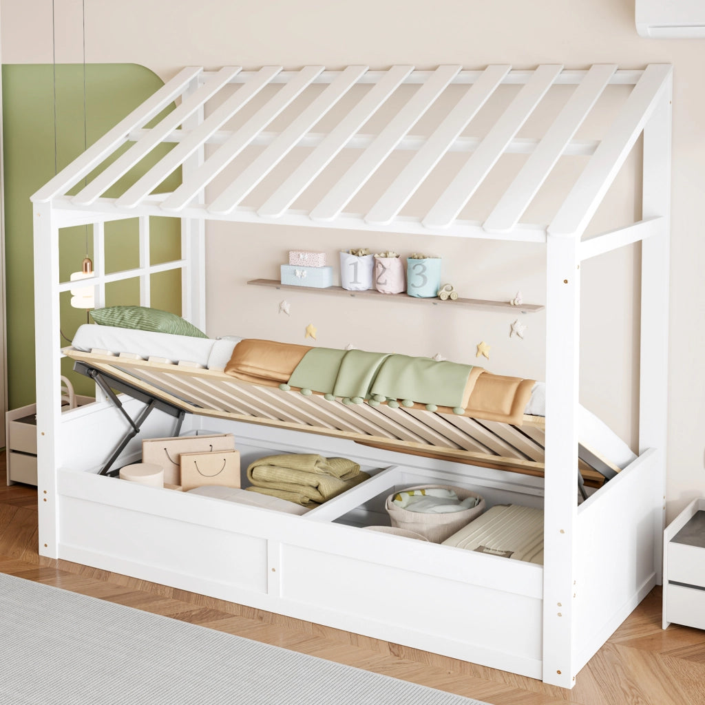 Letto per bambini 90x200 cm con contenitore idraulico e vani laterali; bianco