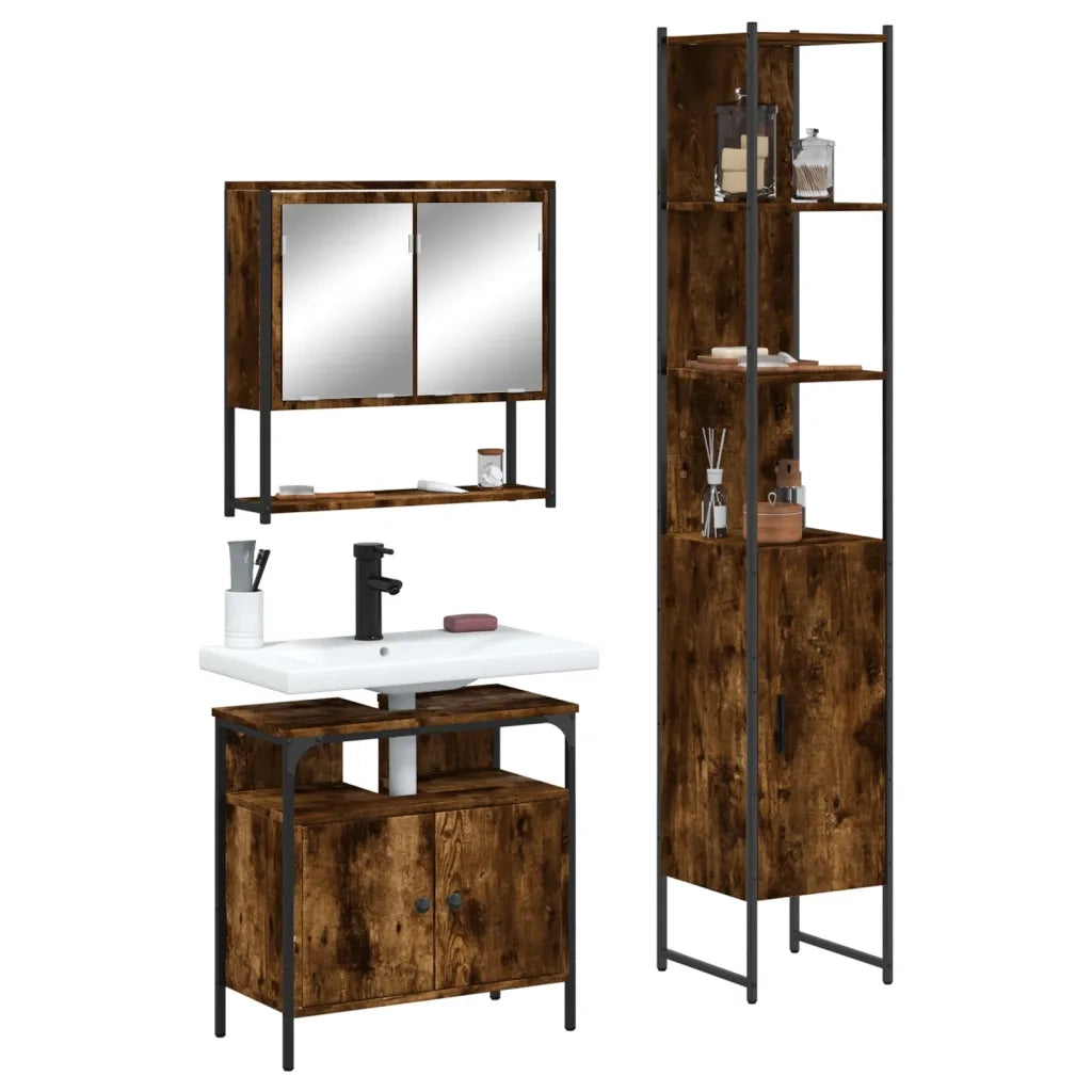 Set Mobili da Bagno 3 pz Rovere Fumo in Legno Multistrato 3214677