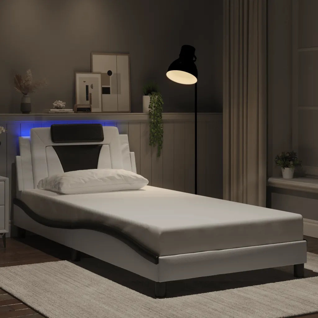 Letto singolo | Letto per adulti | Giroletto Viana con LED senza Materasso Bianco e Nero 100x200 cm