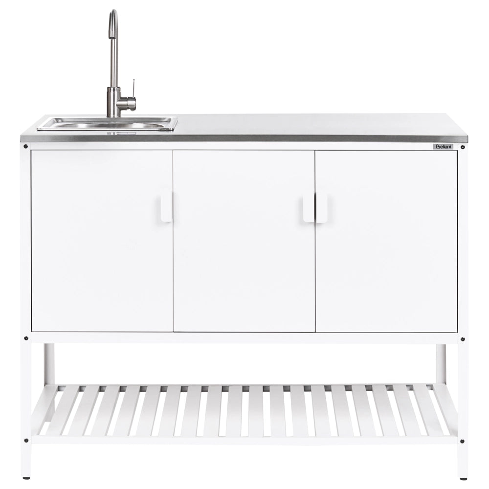 Mobile da cucina da esterno bianco in acciaio inossidabile a 3 ante con piano superiore Cucina da giardino Sala da pranzo