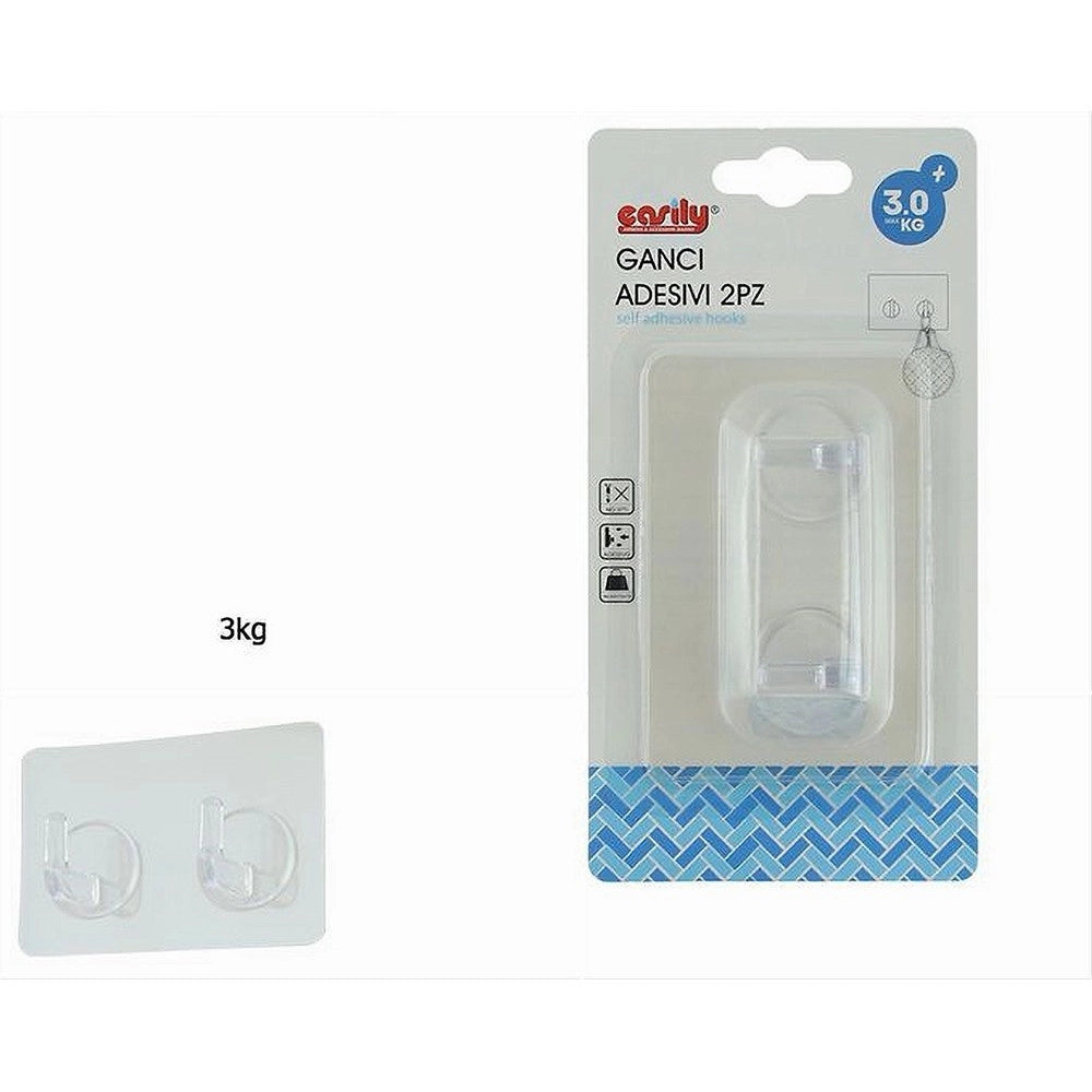 Trade Shop - Set 2pz Ganci Adesivi Appendino Doppio Rettangolare Casa Parete Trasparente 87758 -