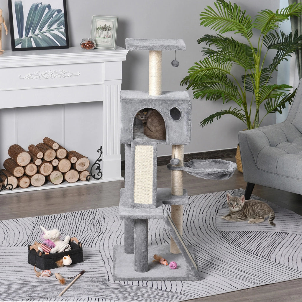 EasyComfort Albero Tiragraffi Accessoriato con Cuccia Lettino Sospeso e 2 Pedane in Peluche Grigio e Corda Sisal 60x49x130cm