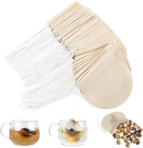100 zacchetti di carta per tè a forma di fiore con cordino, ideali come sacchetti per filtro per tè, erbe, caffè e zuppe per un uso semplice e rapido.