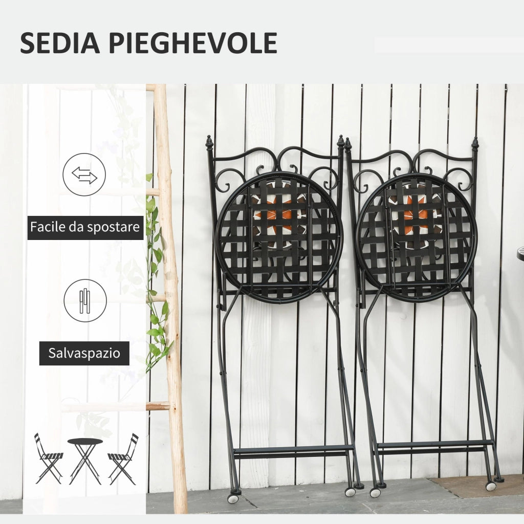 Set Tavolo e 2 Sedie Pieghevoli da Giardino  con Mosaico in Metallo Nero