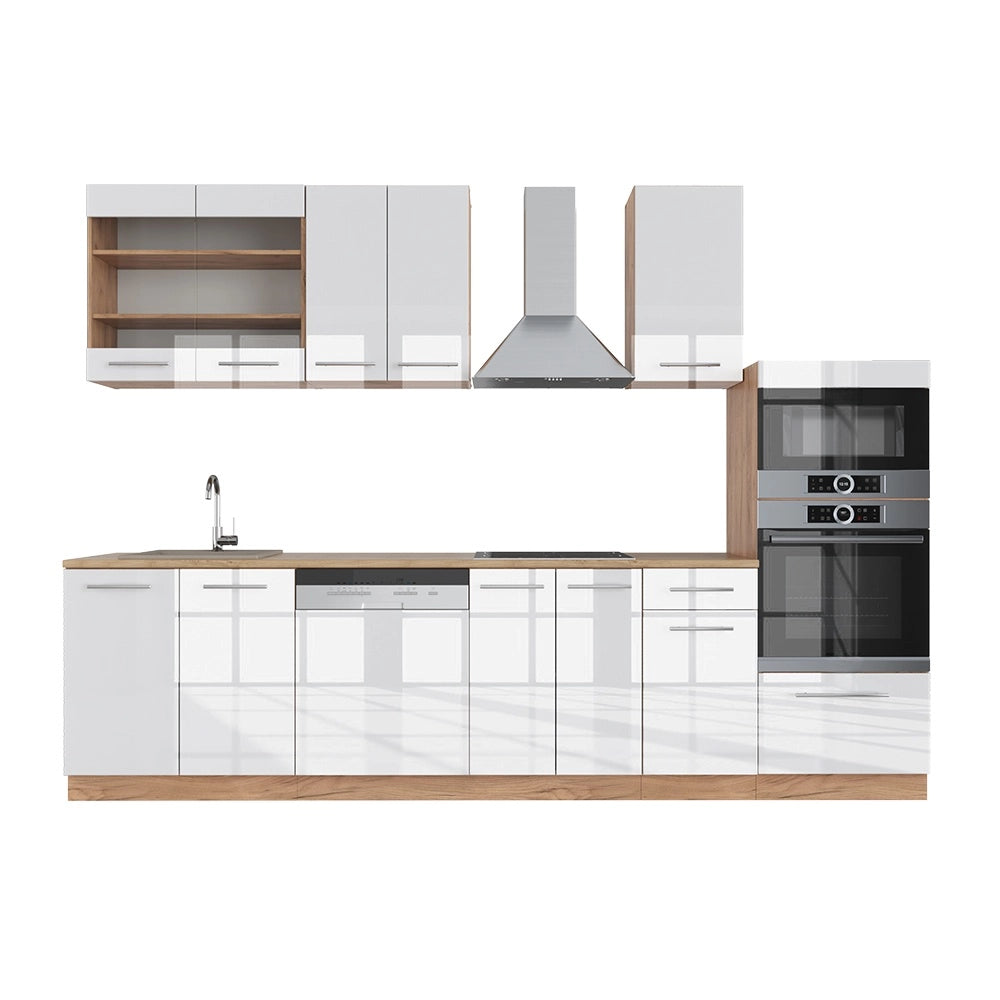 Cucina componibile Fame-Line Bianco lucido/Rovere dorato 300 cm con armadio alto, PL Rovere Vicco