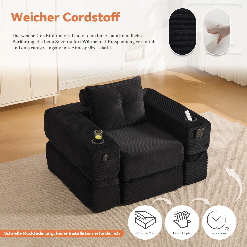 Divano convertibile in velluto a coste con molle, cuscini in memory foam, tasche laterali e portabicchieri nero