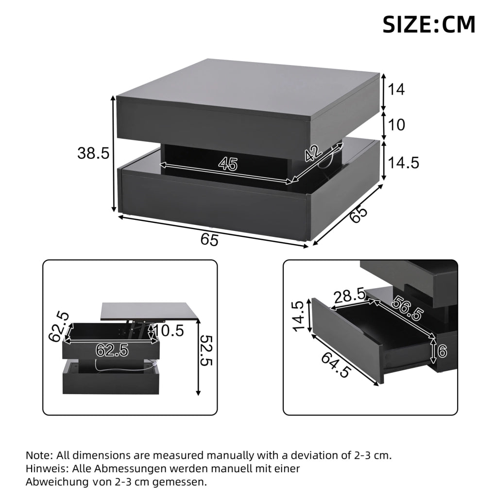 Tavolino da caffè elevabile LED nero 65x65 cm con 2 cassetti