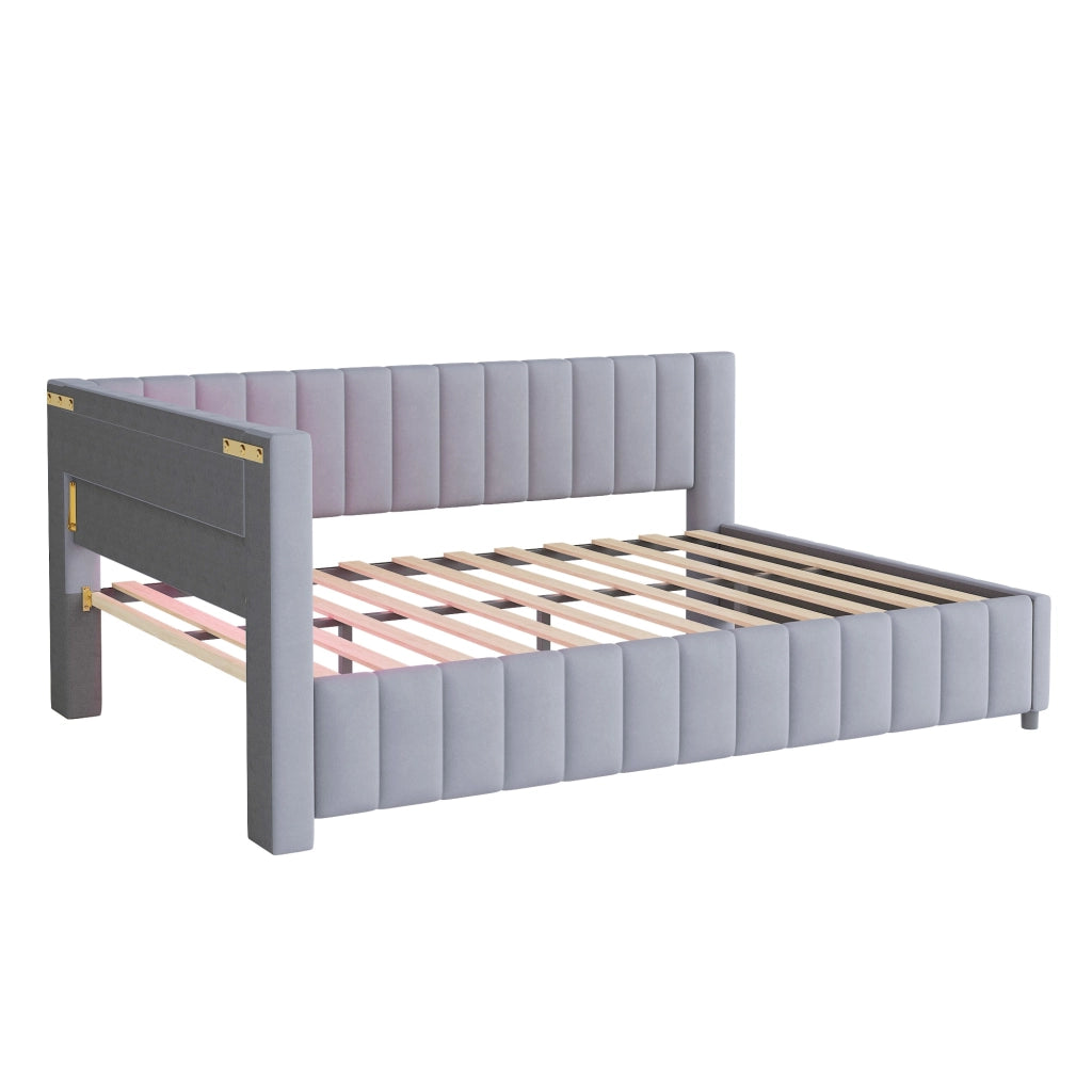 Letto divano imbottito 140 × 200 cm con luci LED, porta USB, schienale e testiera, senza materasso, grigio