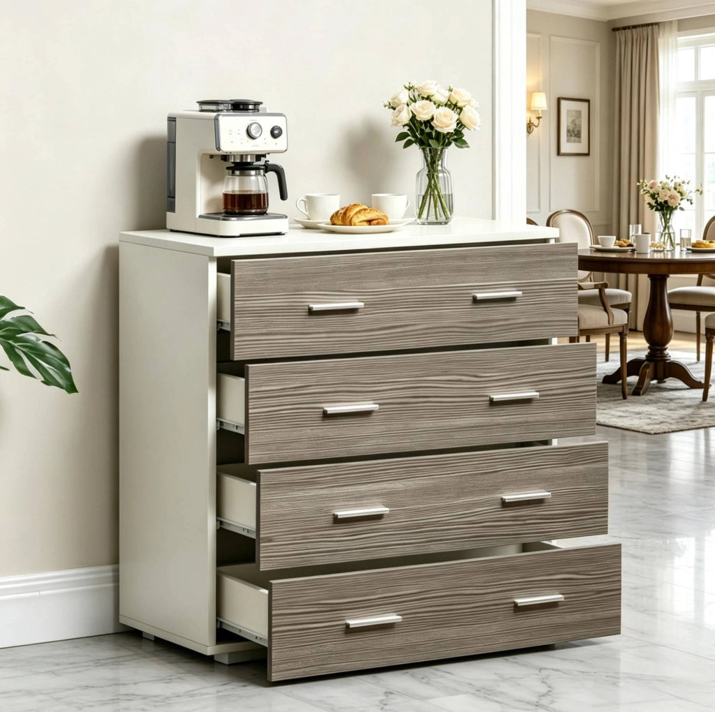 Mobile contenitore con 4 cassetti in truciolare bianco e grigio 76 x 35 x 72 cm