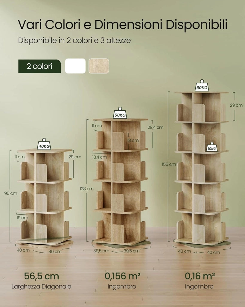 Libreria Girevole a 5 Livelli, Libreria Alta e Stretta, Scaffale d'Angolo a Pavimento, Scaffale Girevole per Libri, Rovere Chiaro