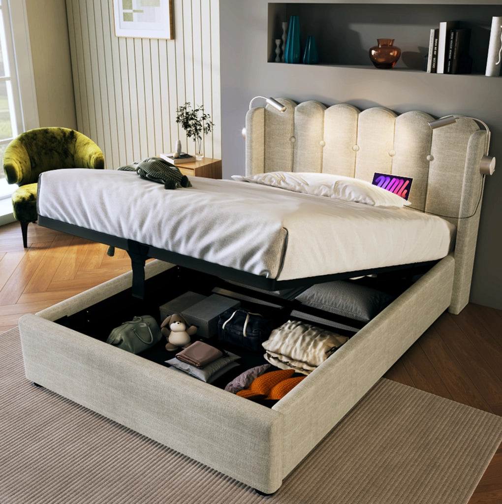 Letto contenitore 90x200 in lino beige con luce di lettura e USB
