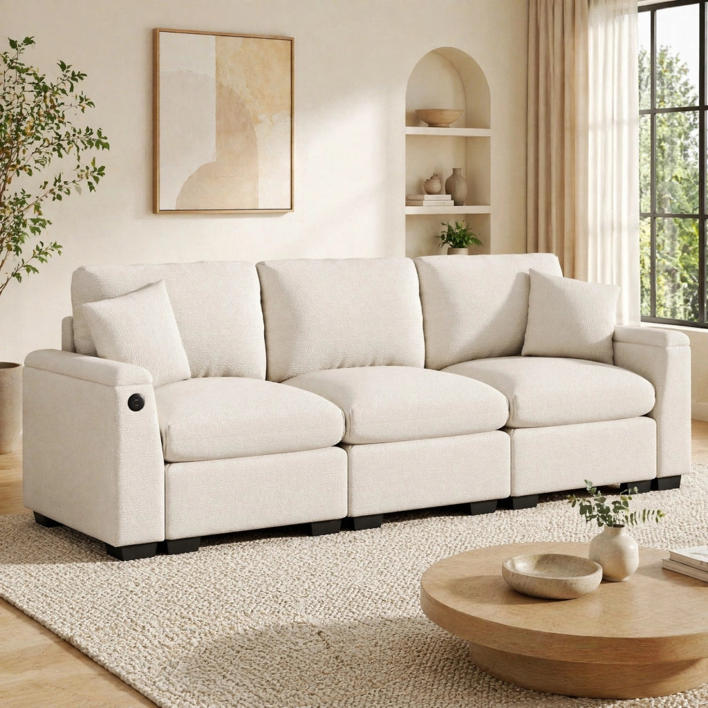 Divano modulare a 3 posti in chenille con USB; tavolino ribaltabile e portabevande; beige