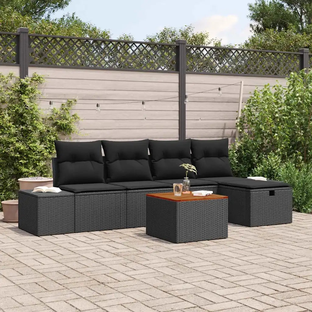 Set Divano da Giardino con cuscino 6 pcs Nero polyrattan