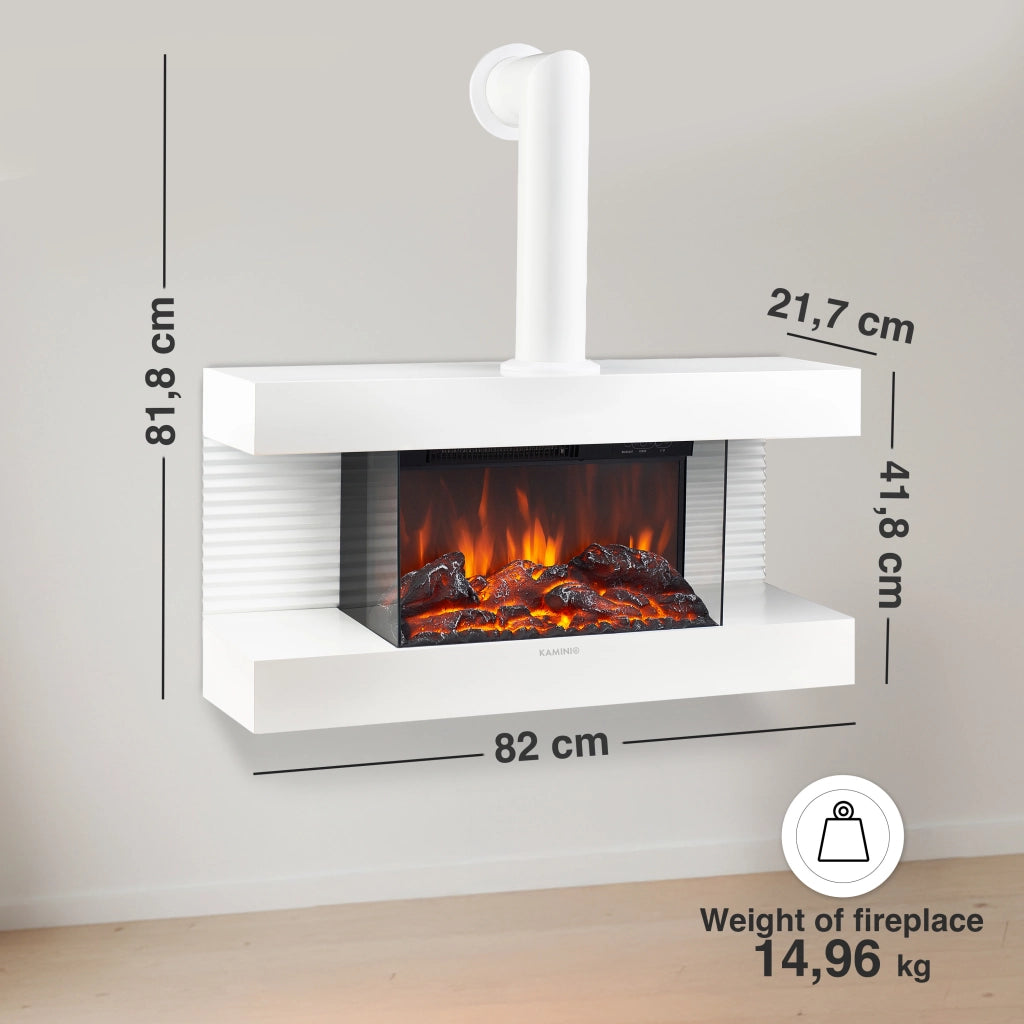 KAMINIO Camino elettrico LIZ con tubo del camino - Camino da parete con riscaldamento, fiamma 3D, luce ambiente a LED, telecomando - Bianco